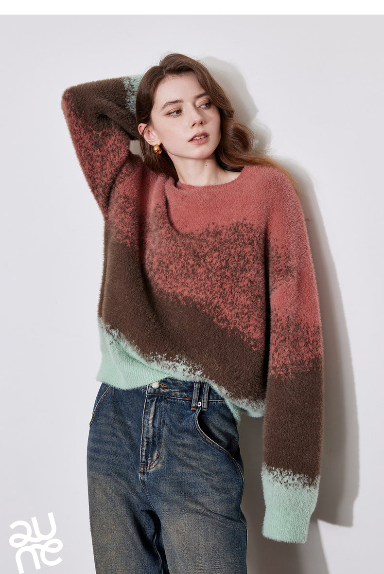 Loose Coffee O Neck Patchwork Cozy Cotton Knit Top Winter