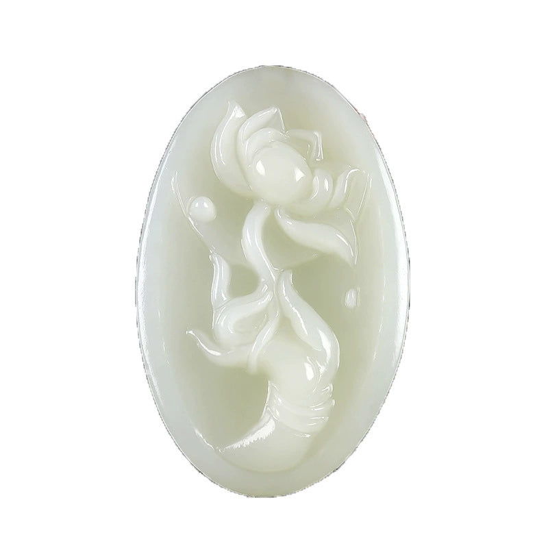 Natural Hetian White Jade Lotus Guanyin Pendant Necklace