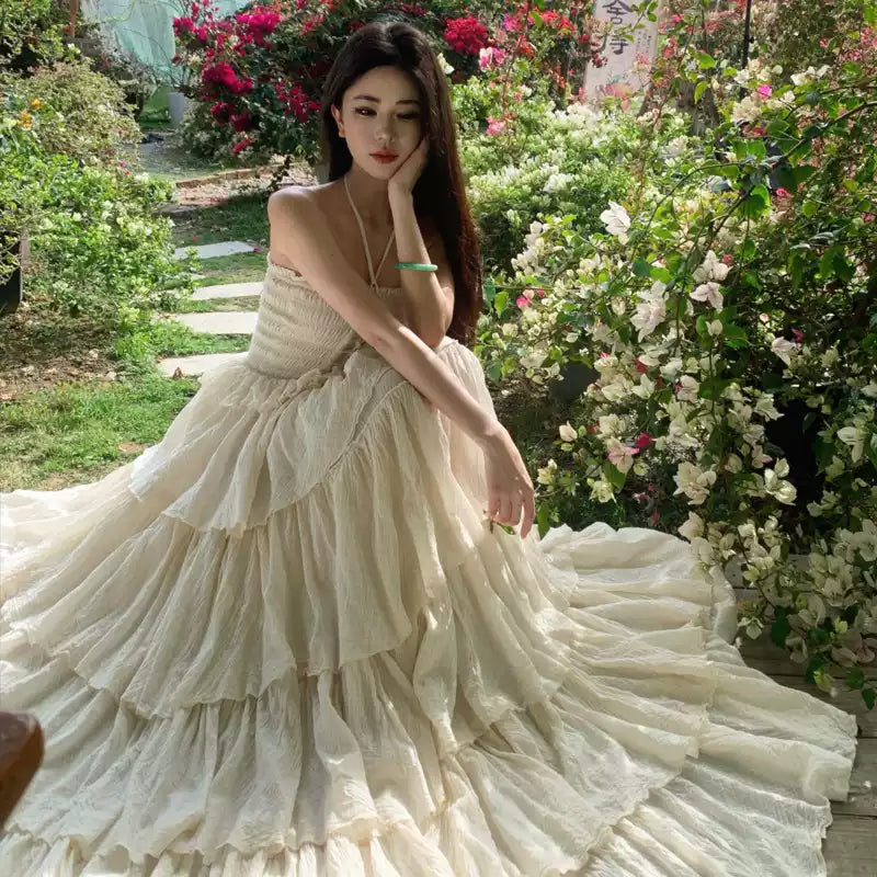 Novelty Apricot Slash Neck Wrinkled Solid Cotton Dresses