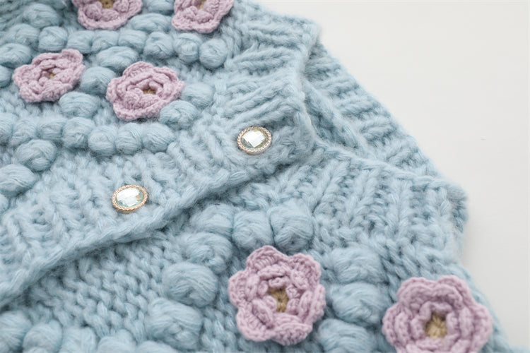 Floral Blue O Neck Button Cozy Knit Coat Winter