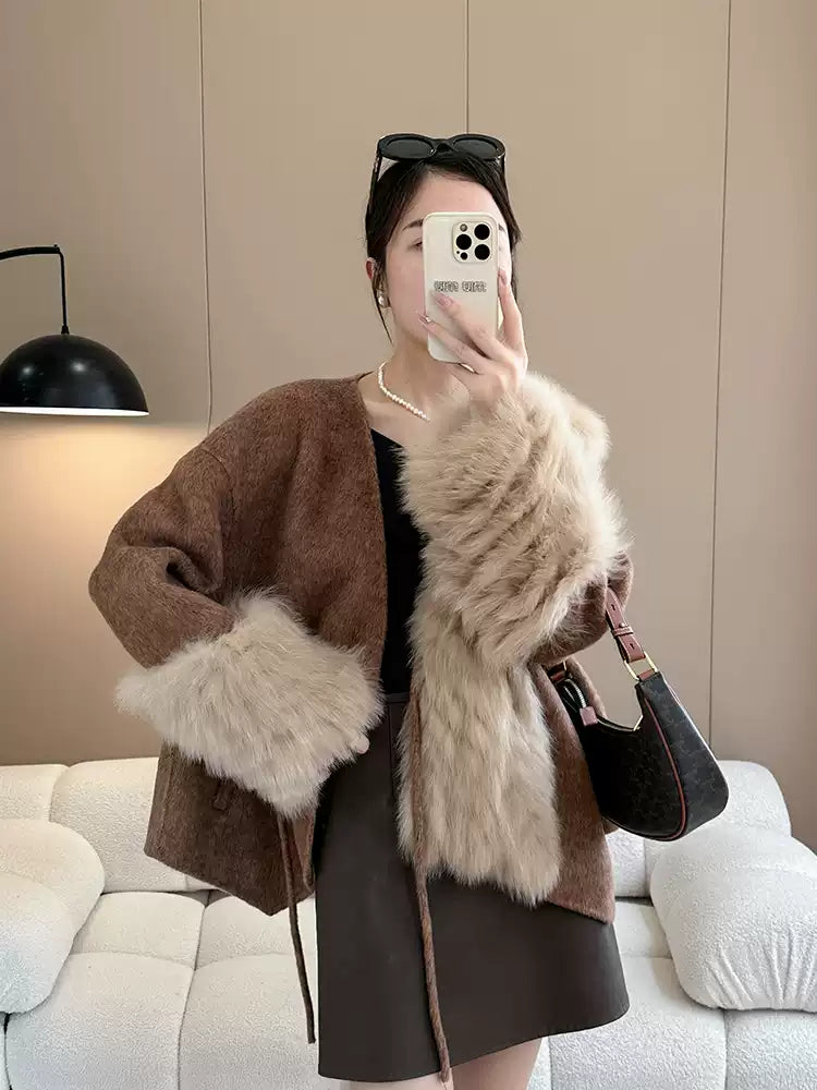 Elegant Caramel Fox Collar Patchwork Tie Waist Woolen Coats Fall