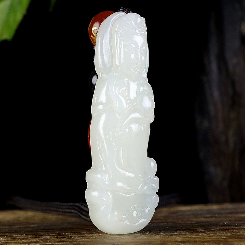 Natural Hetian White Jade Standing Guanyin Pendant Necklace (Men's)