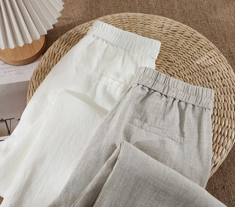 Simple White Pockets Elastic Waist Solid Linen Pants Summer