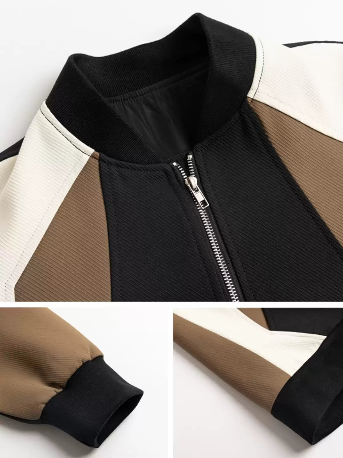 French Black Zip Up Patchwork Cotton Coat Fall