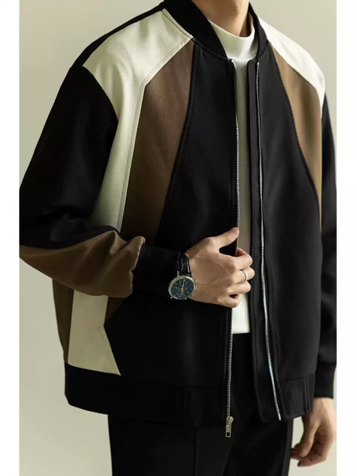 French Black Zip Up Patchwork Cotton Coat Fall