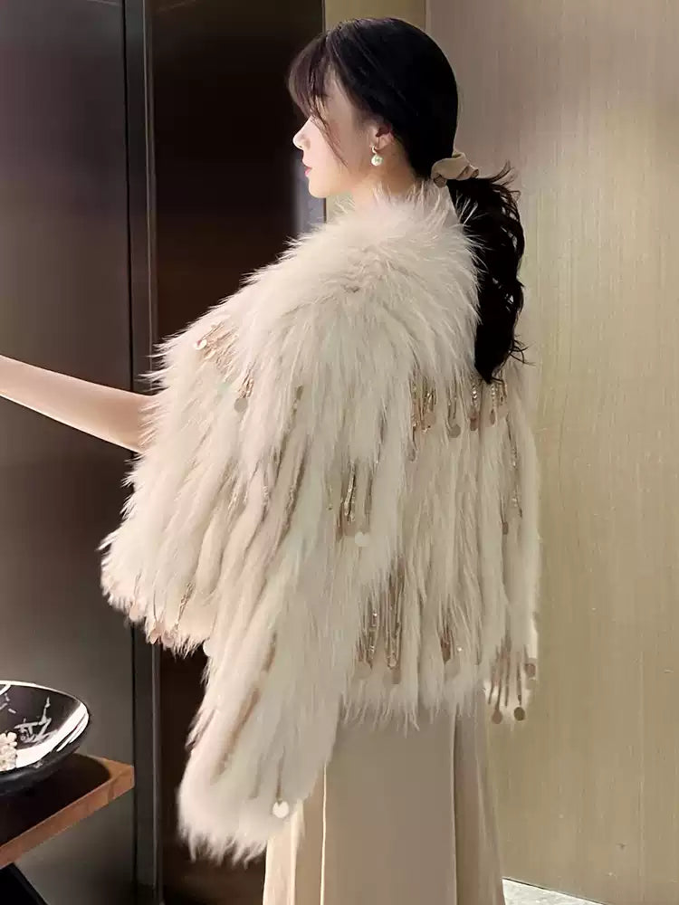 Italian Light Green Raccoon Hair Feather Tassel Coats Winter