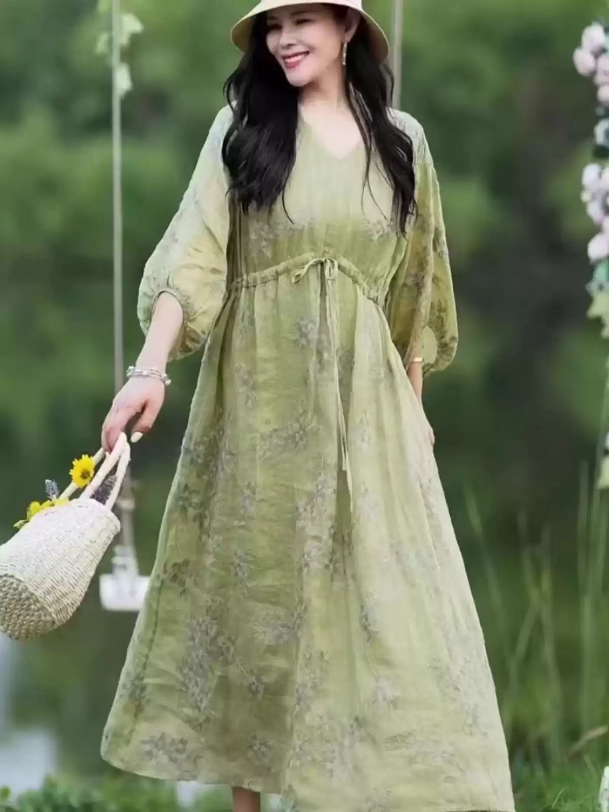 Handmade Pink Embroidered Drawstring Linen Dress Summer