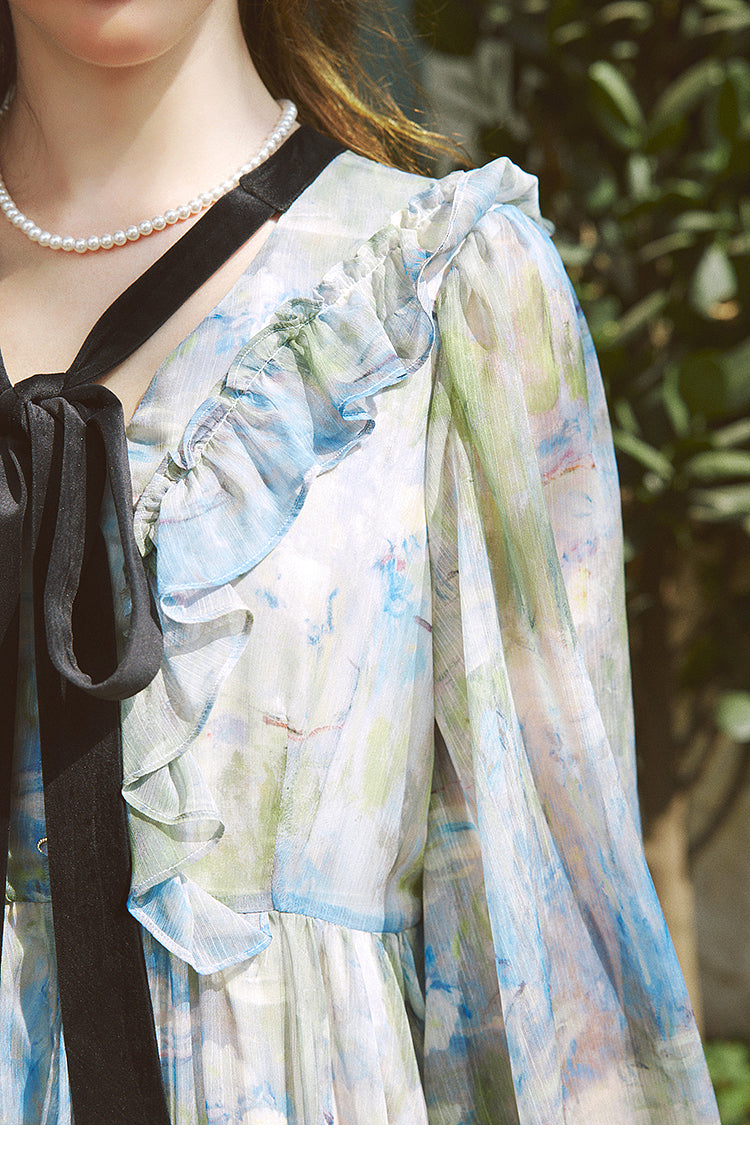 Unique Blue V Neck Ruffled Print Chiffon Long Dress Spring