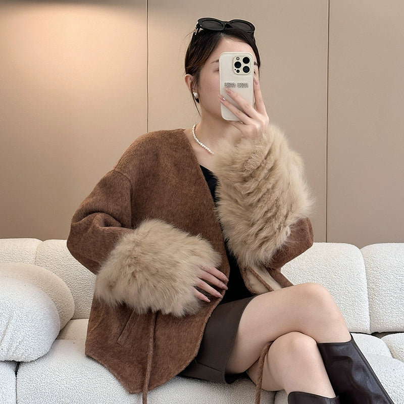 Elegant Caramel Fox Collar Patchwork Tie Waist Woolen Coats Fall