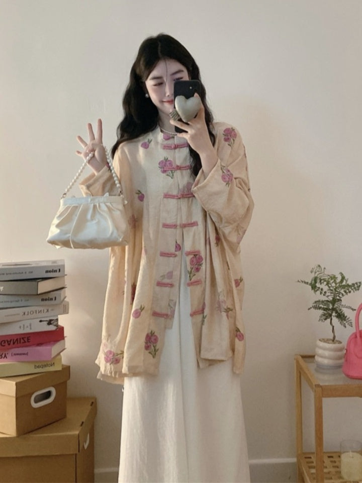 Chinese Style Apricot Print Oriental Button Cotton Shirts Spring