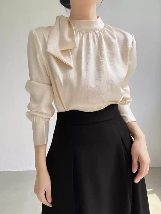 French Champagne Stand Collar Bow Silk Blouse Top Spring
