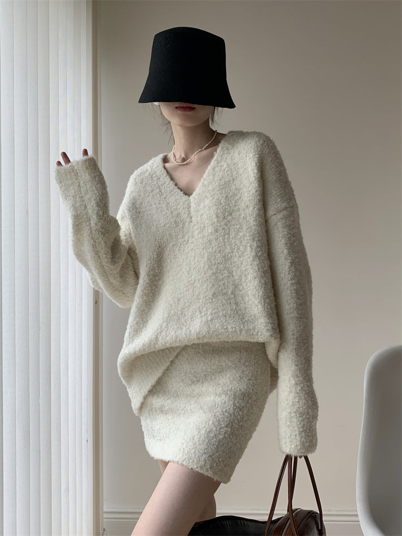 Simple Black V Neck Solid Knit Sets 2 Pieces Winter