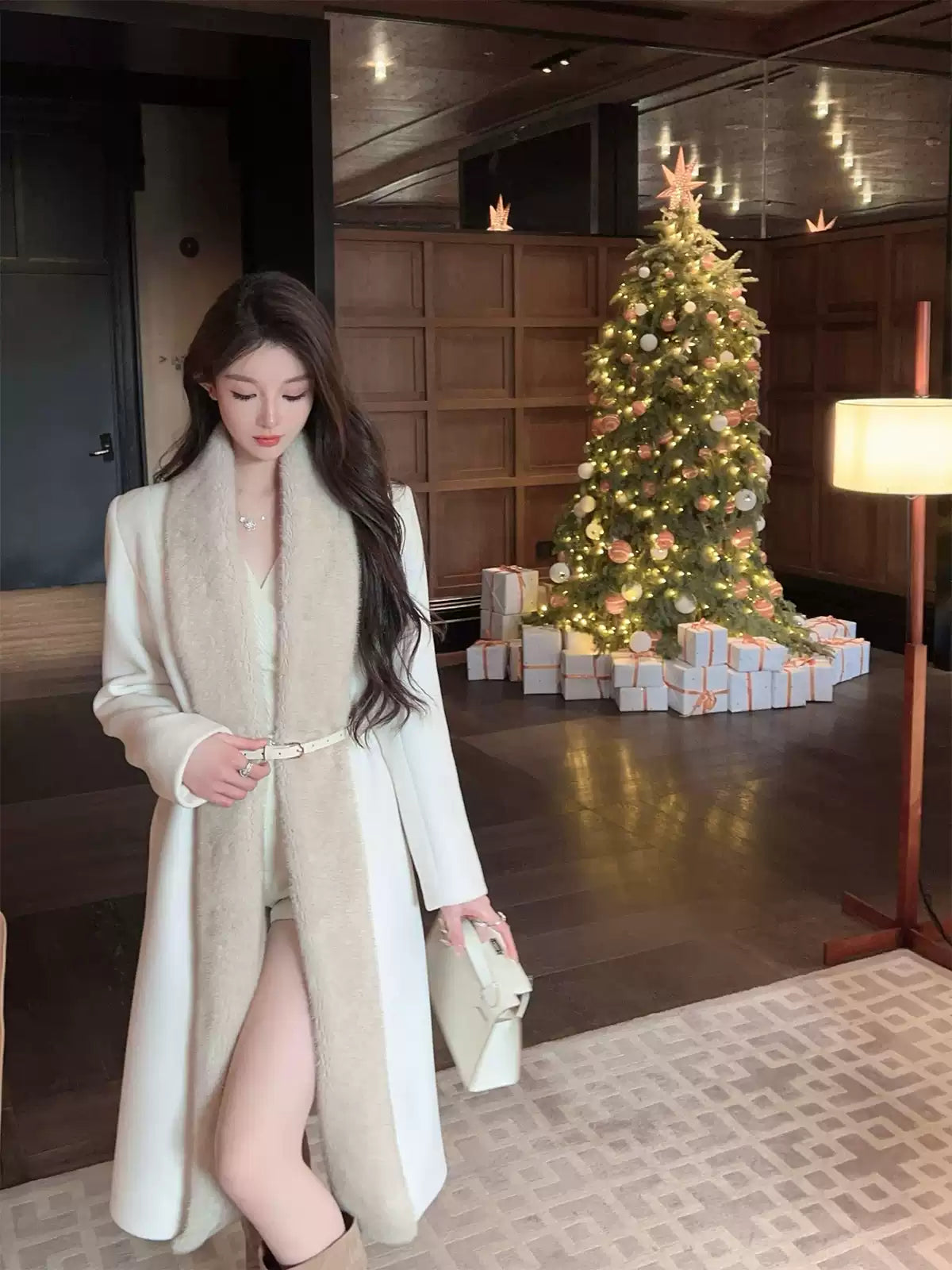 Classy Biege Fox Collar Pockets Tie Waist Woolen Maxi Coat Winter