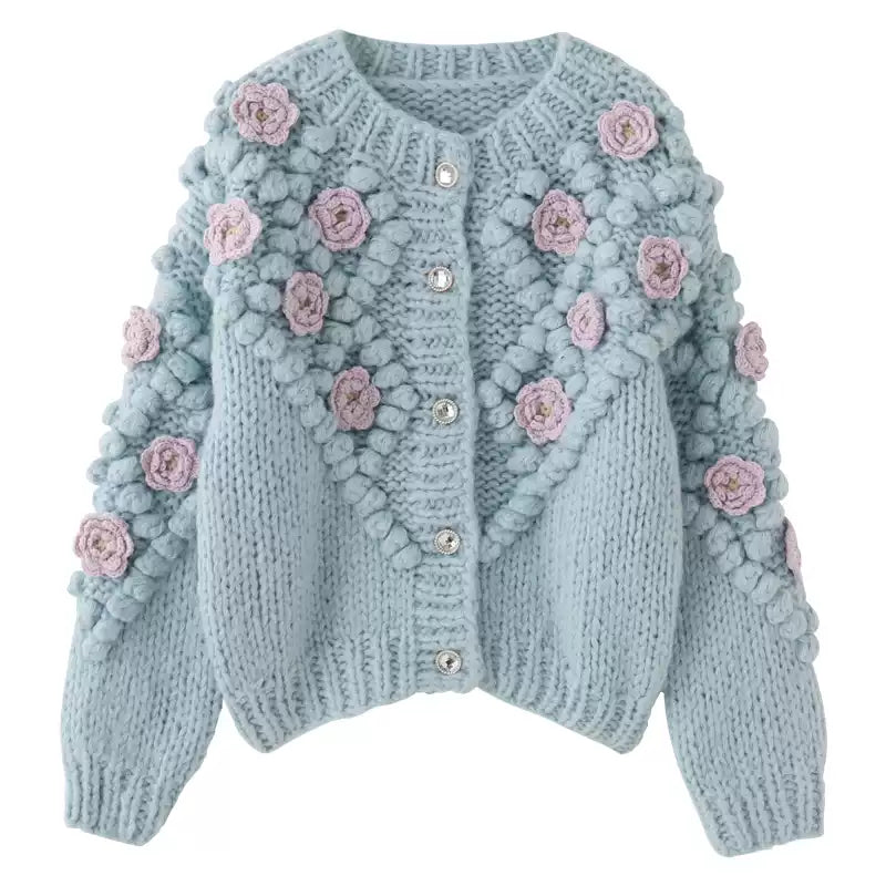 Floral Blue O Neck Button Cozy Knit Coat Winter