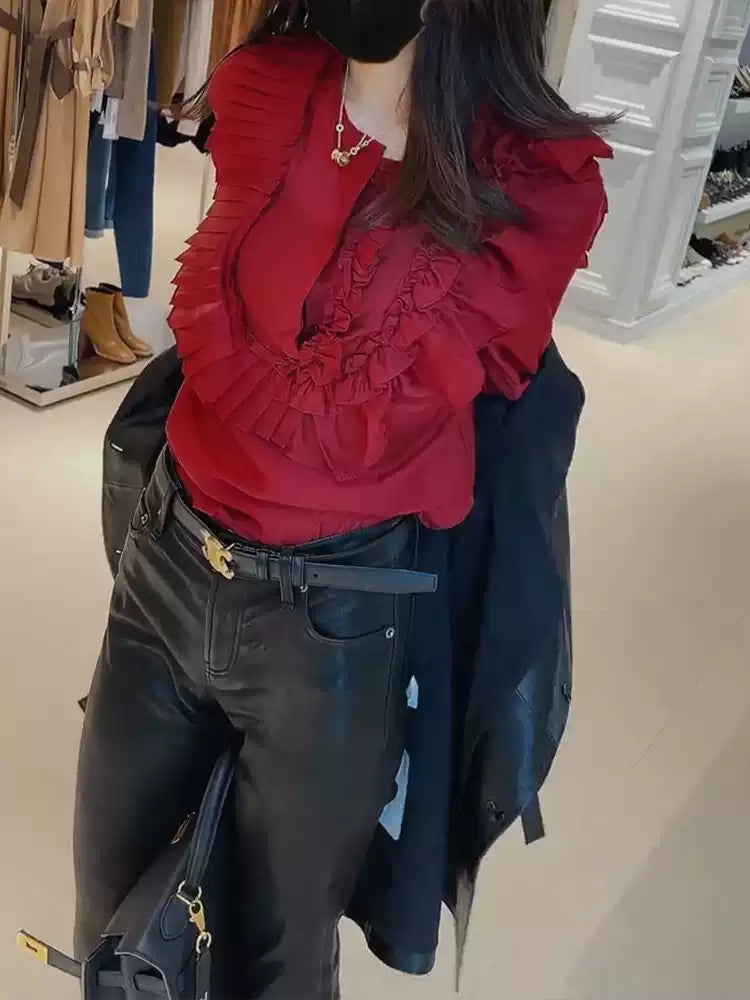 Boutique Red Ruffled Patchwork Chiffon Shirt Summer