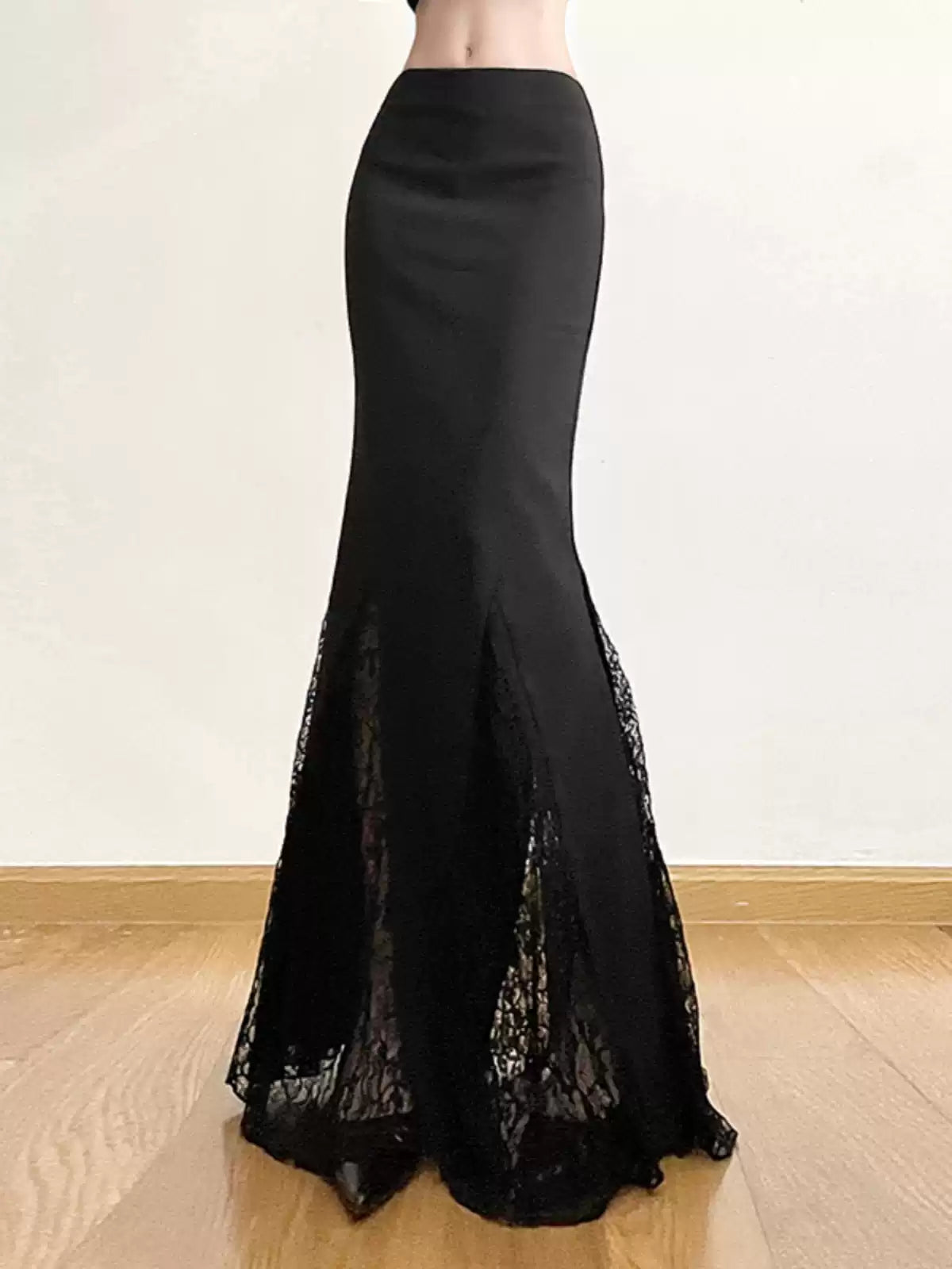 Vintage Black High Waisted Gauze Pleated See-Through A-Line Lace Skirt