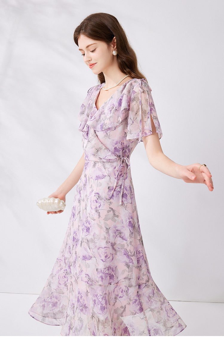 Elegant Pink V Neck Purple Lace Up Chiffon Long Dresses Summer