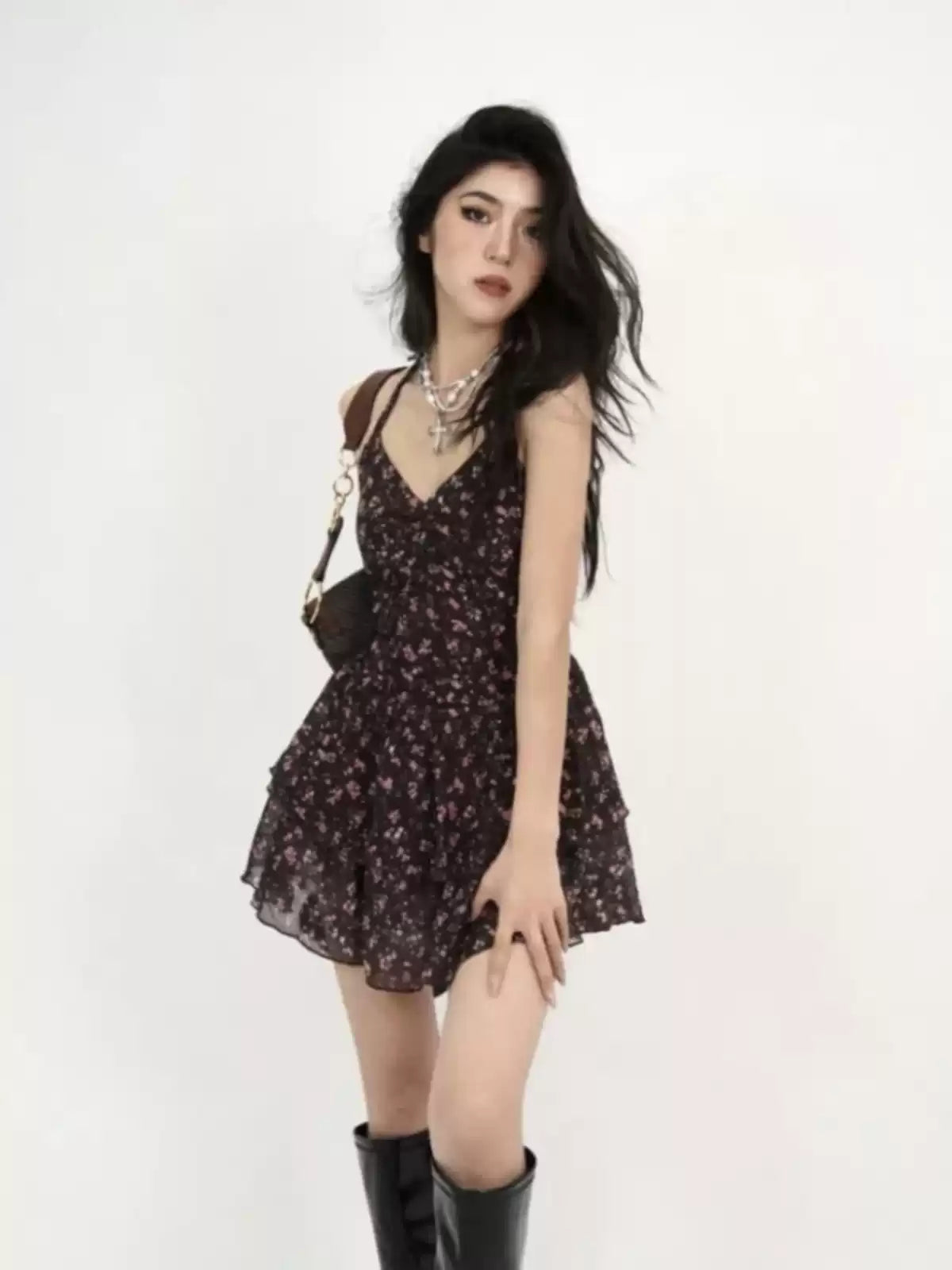 Vintage Black Print Low High Design Spaghetti Strap Mid Dress Summer