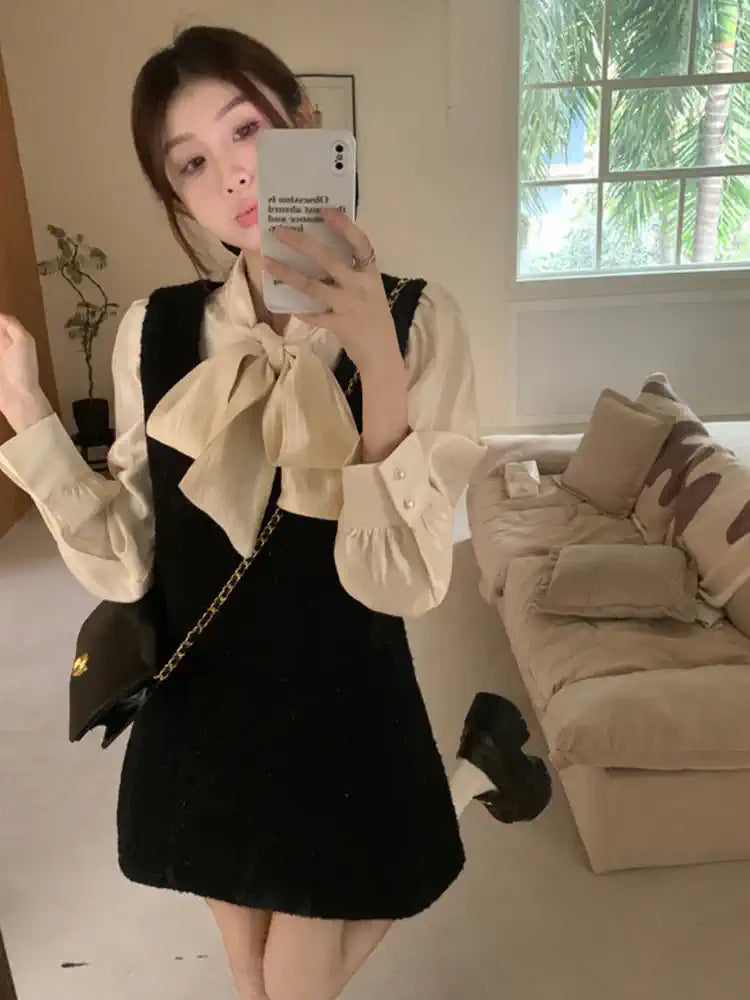 Black Button Cotton Two Pieces Set Lace Up Fall