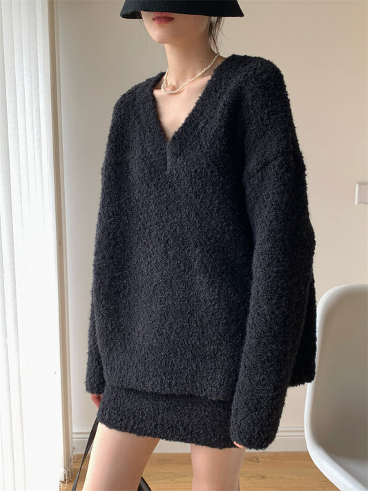 Simple Black V Neck Solid Knit Sets 2 Pieces Winter