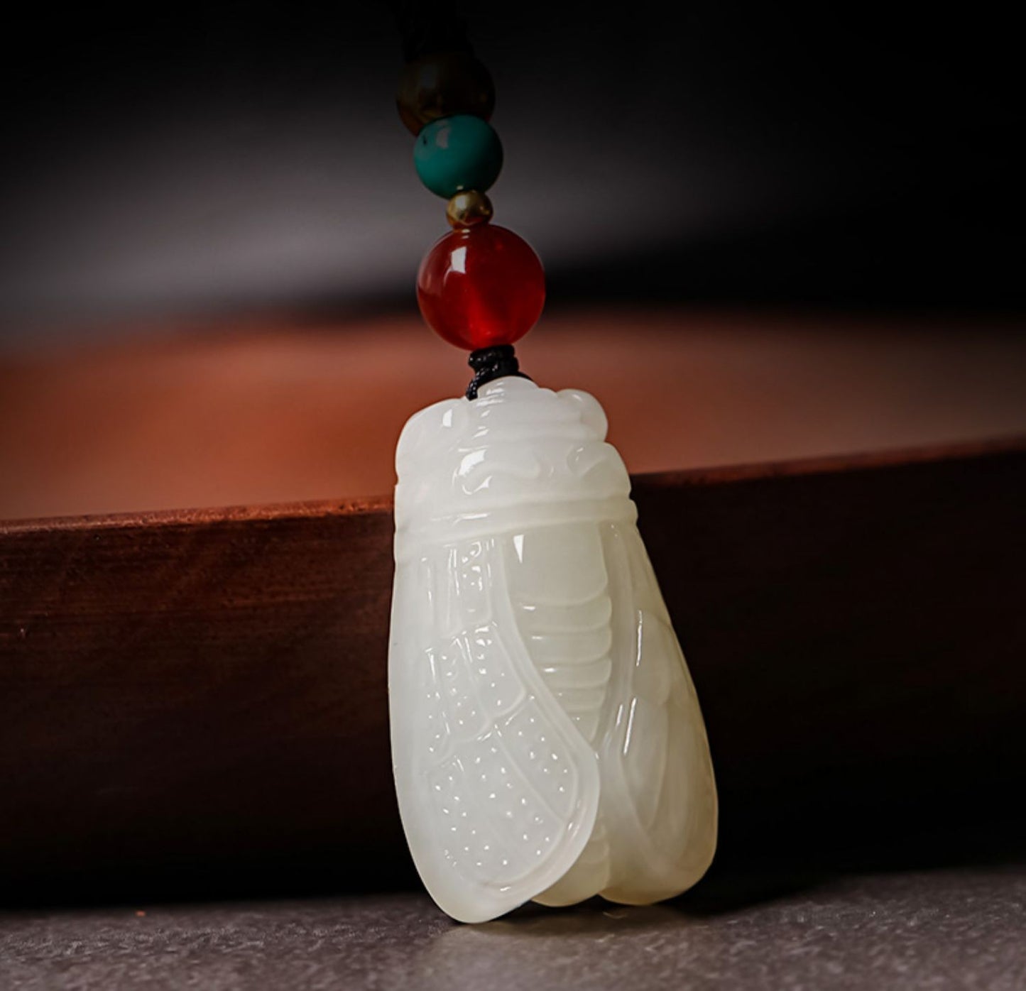Authentic Hetian Jade Cicada Charm Necklace