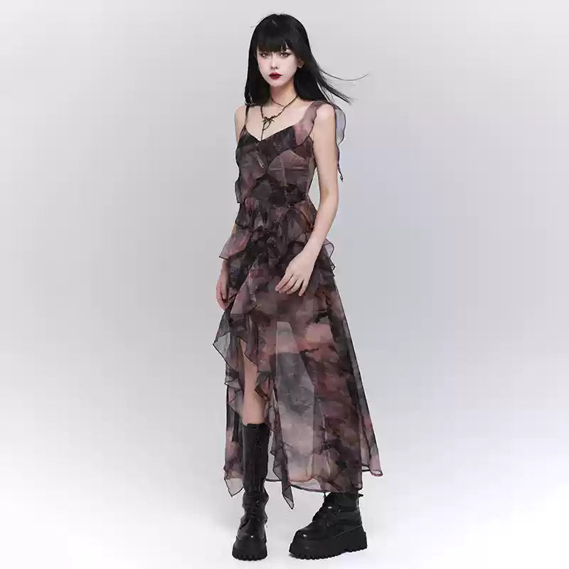 New Dark Black Ruffled Print Side Open Chiffon Holiday Dress Summer