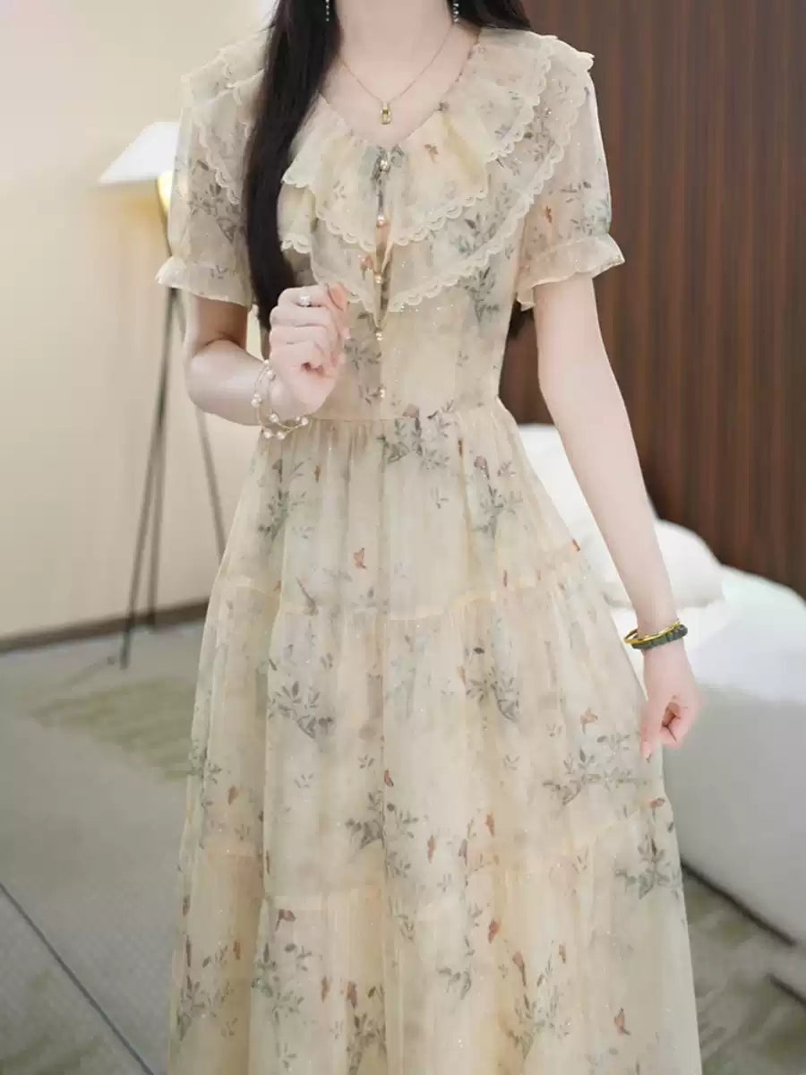 Elegant Khaki Embroidered Ruffled Chiffon Mid Dress Summer