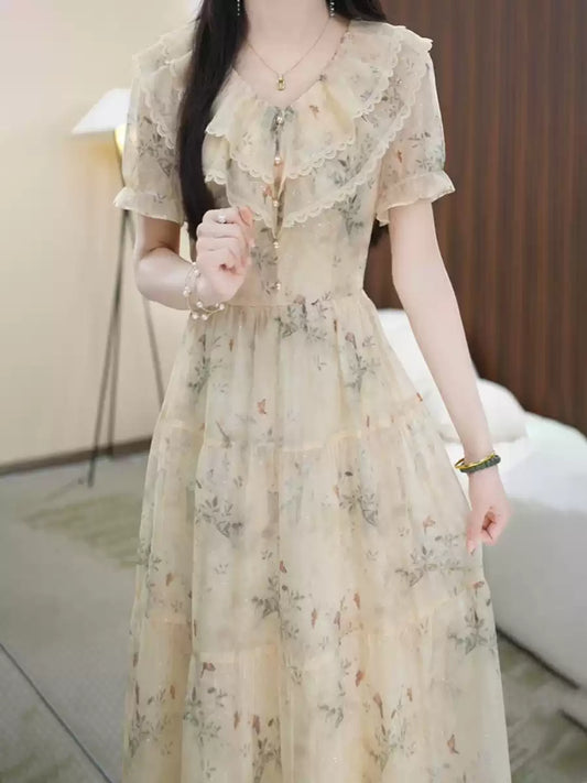Elegant Khaki Embroidered Ruffled Chiffon Mid Dress Summer