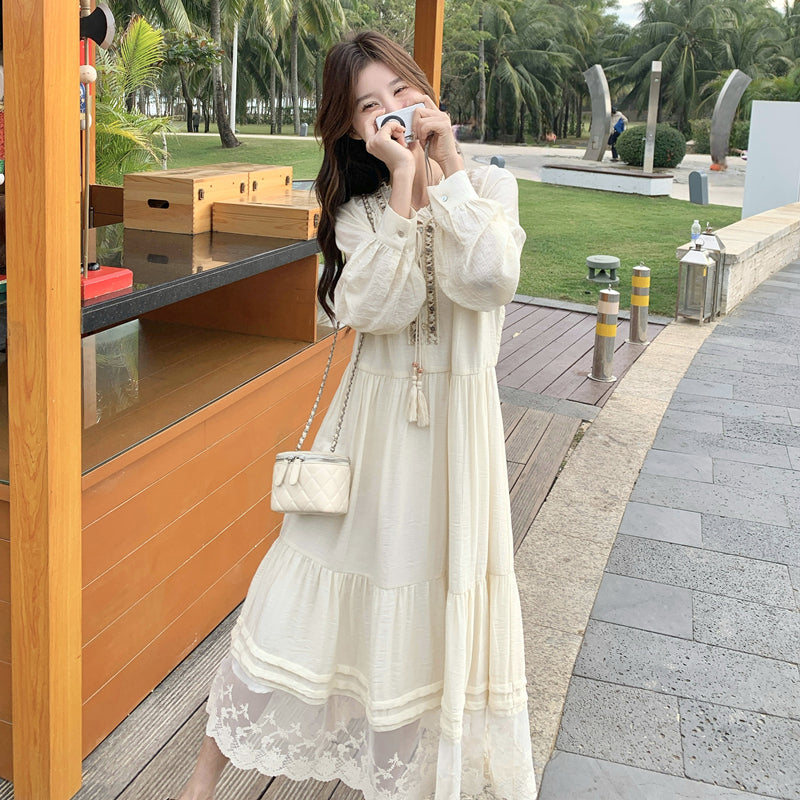 Bohemian Beige Lace Patchwork Cotton Long Dress Spring