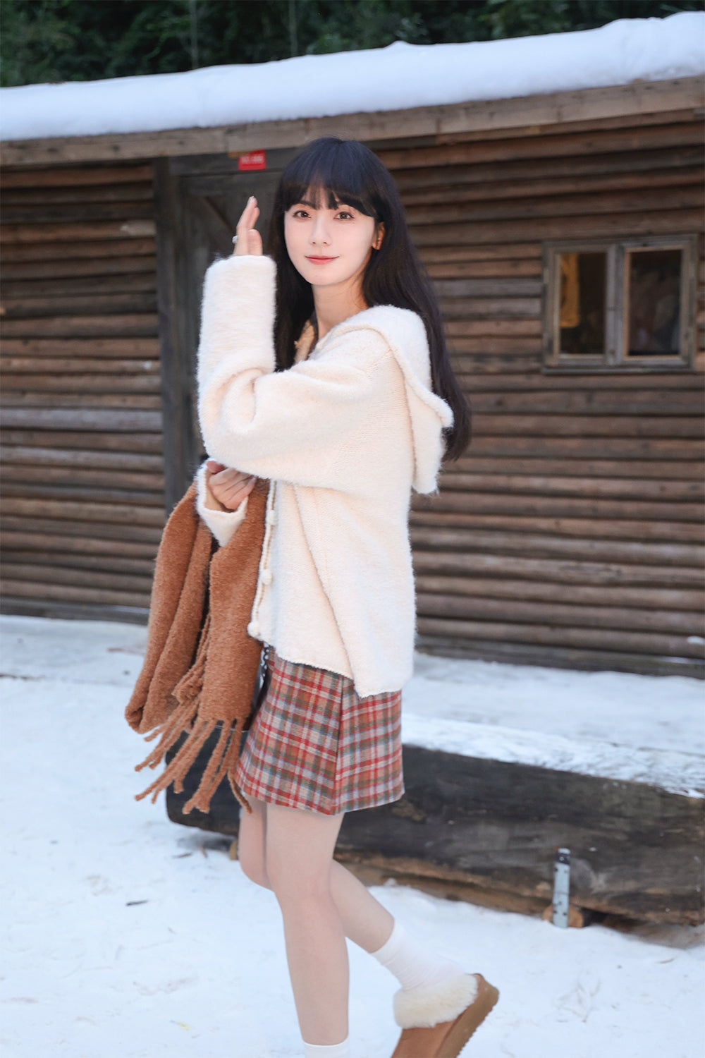 Loose Beige Hooded Button Solid Cotton Knit Coat Winter