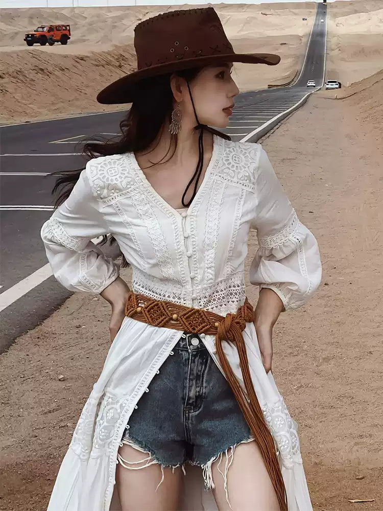 Elegant Beige Hollow Out Tunic Maxi Dress Summer