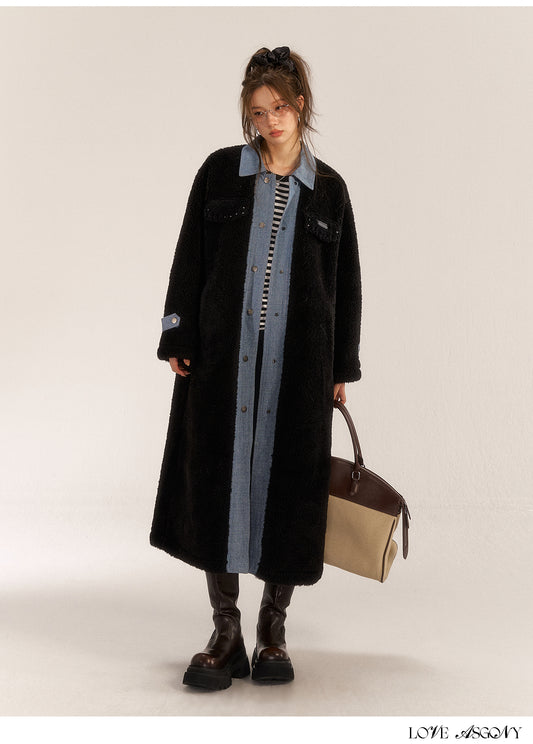 Boutique Black Pockets Denim Patchwork Faux Fur Coat Outwear Spring