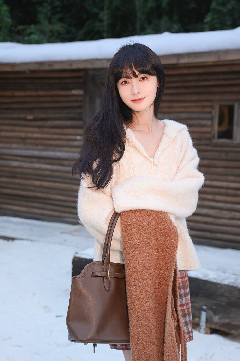 Loose Beige Hooded Button Solid Cotton Knit Coat Winter