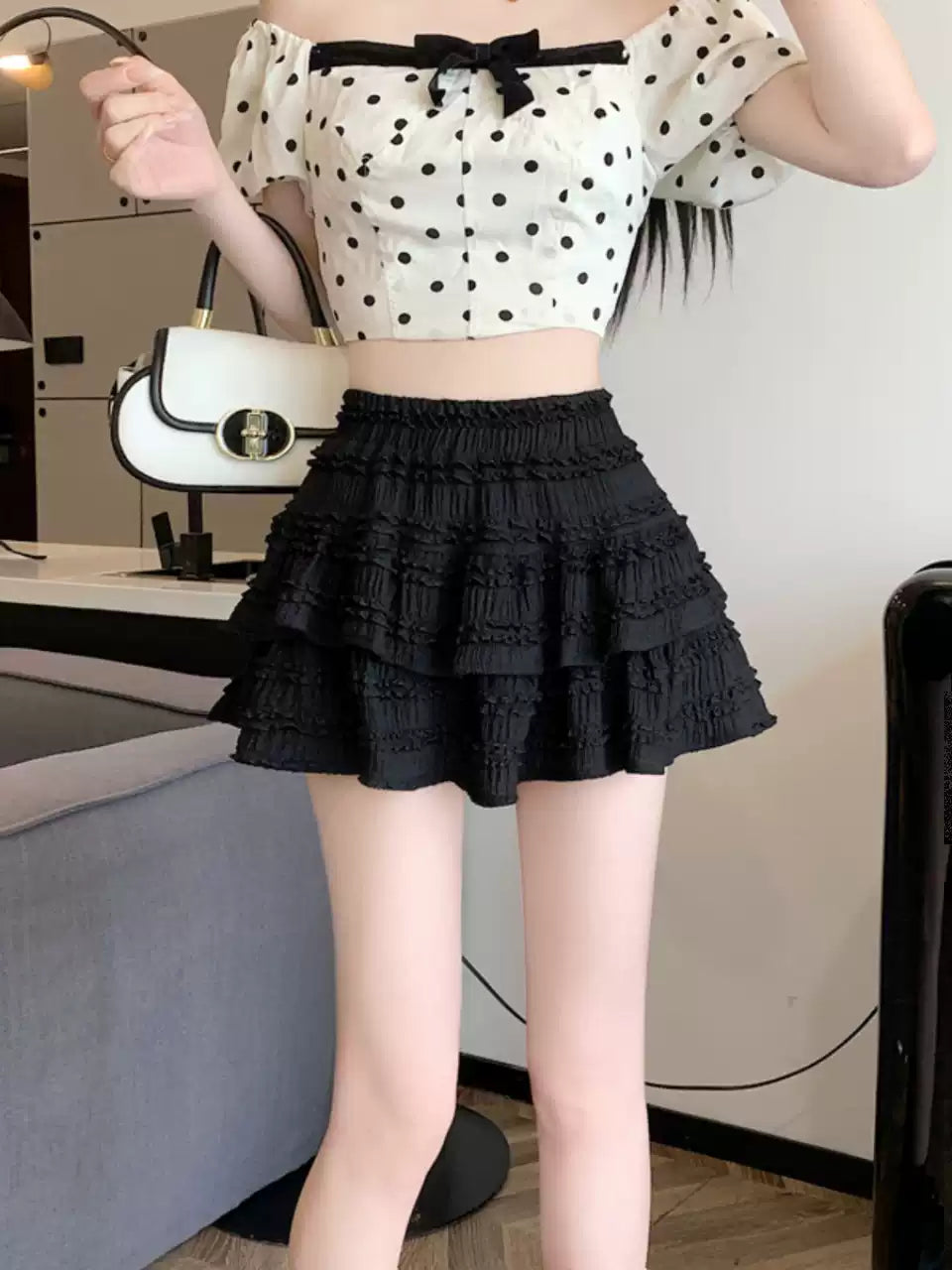 New Beige Wrinkled Elastic Waist Cotton Skirt Summer