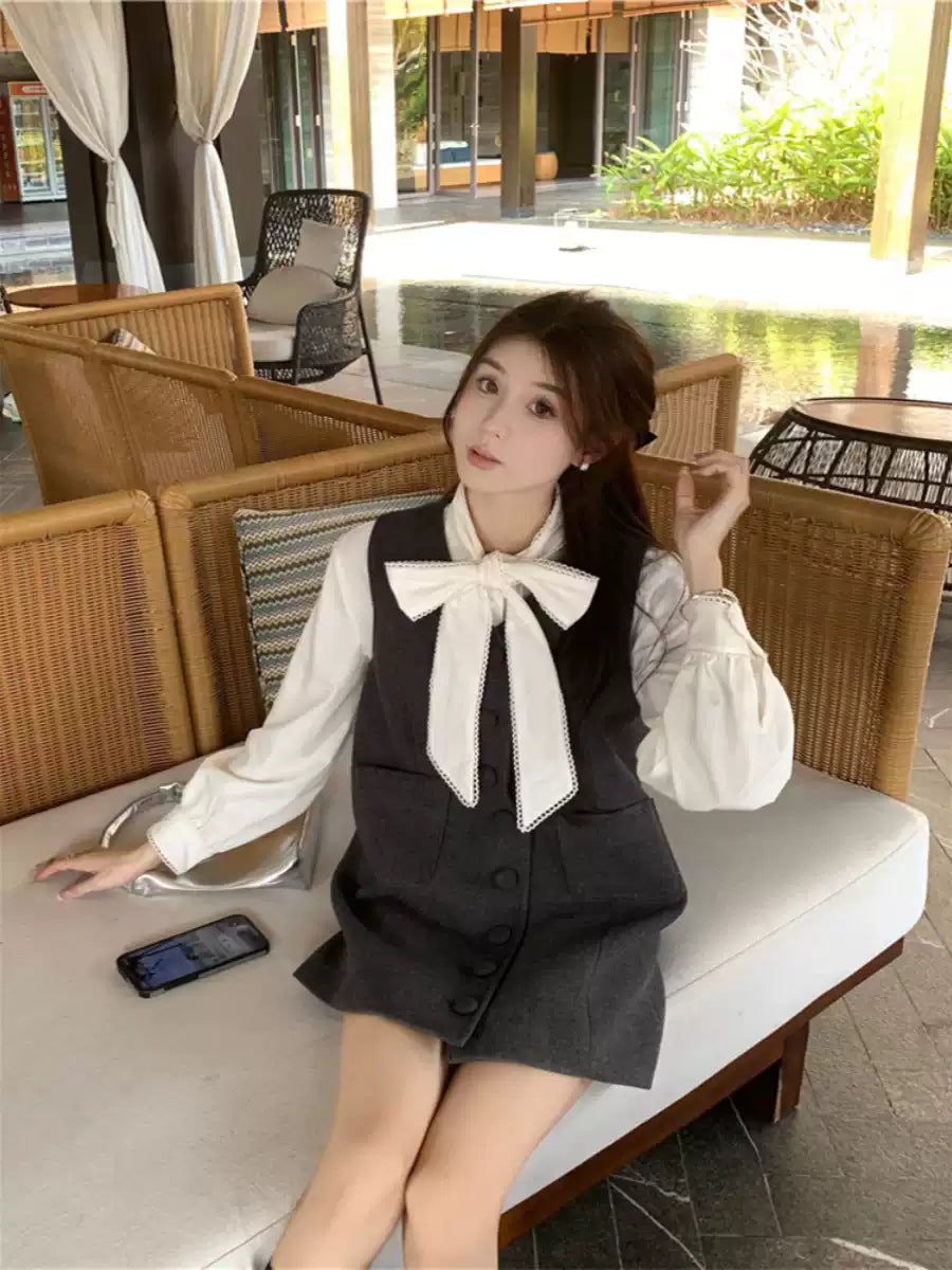 Stylish Grey Bow Pockets Cotton Two Pieces Set Fall