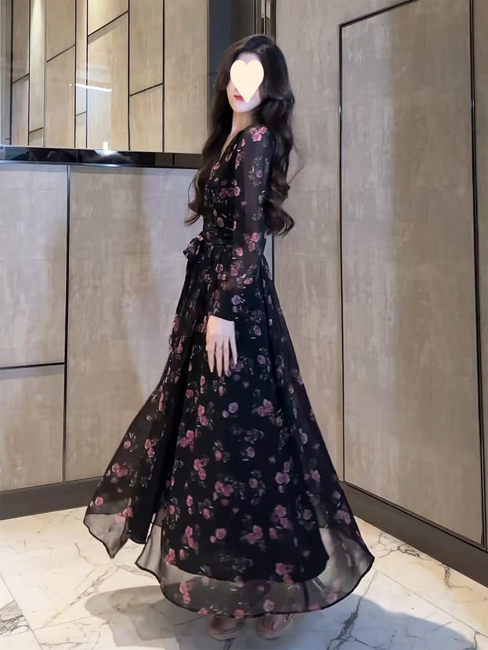 French Black floral Long Dresses Summer