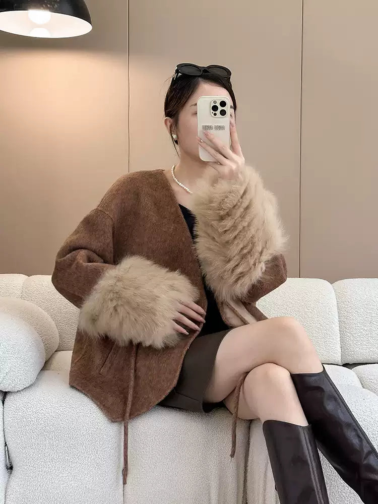 Elegant Caramel Fox Collar Patchwork Tie Waist Woolen Coats Fall
