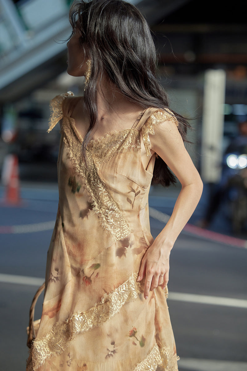 Holiday Style Orange Print V Neck Lace Patchwork Cotton Dresses Summer