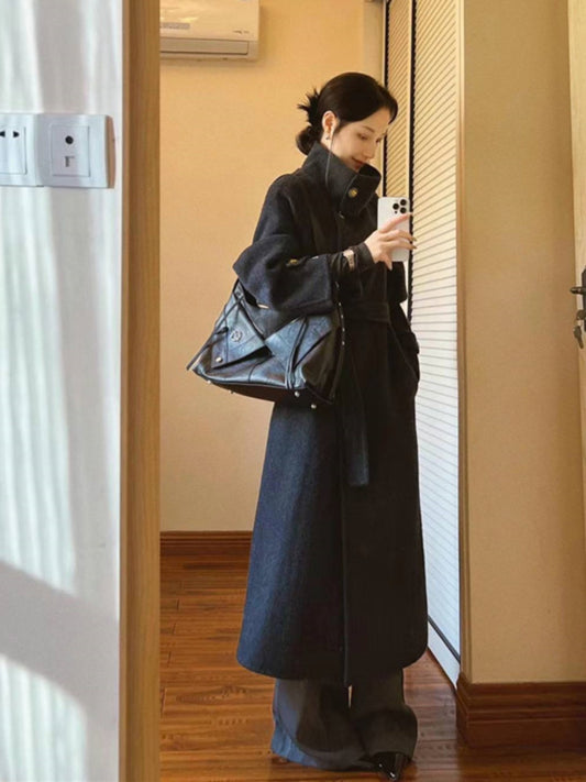 Fashion Grey Stand Collar Tie Waist Woolen Trench Winter