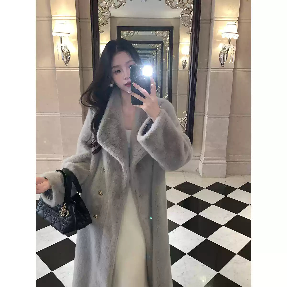 Casual Gray Notched Button Thick Faux Leather Long Coats Winter