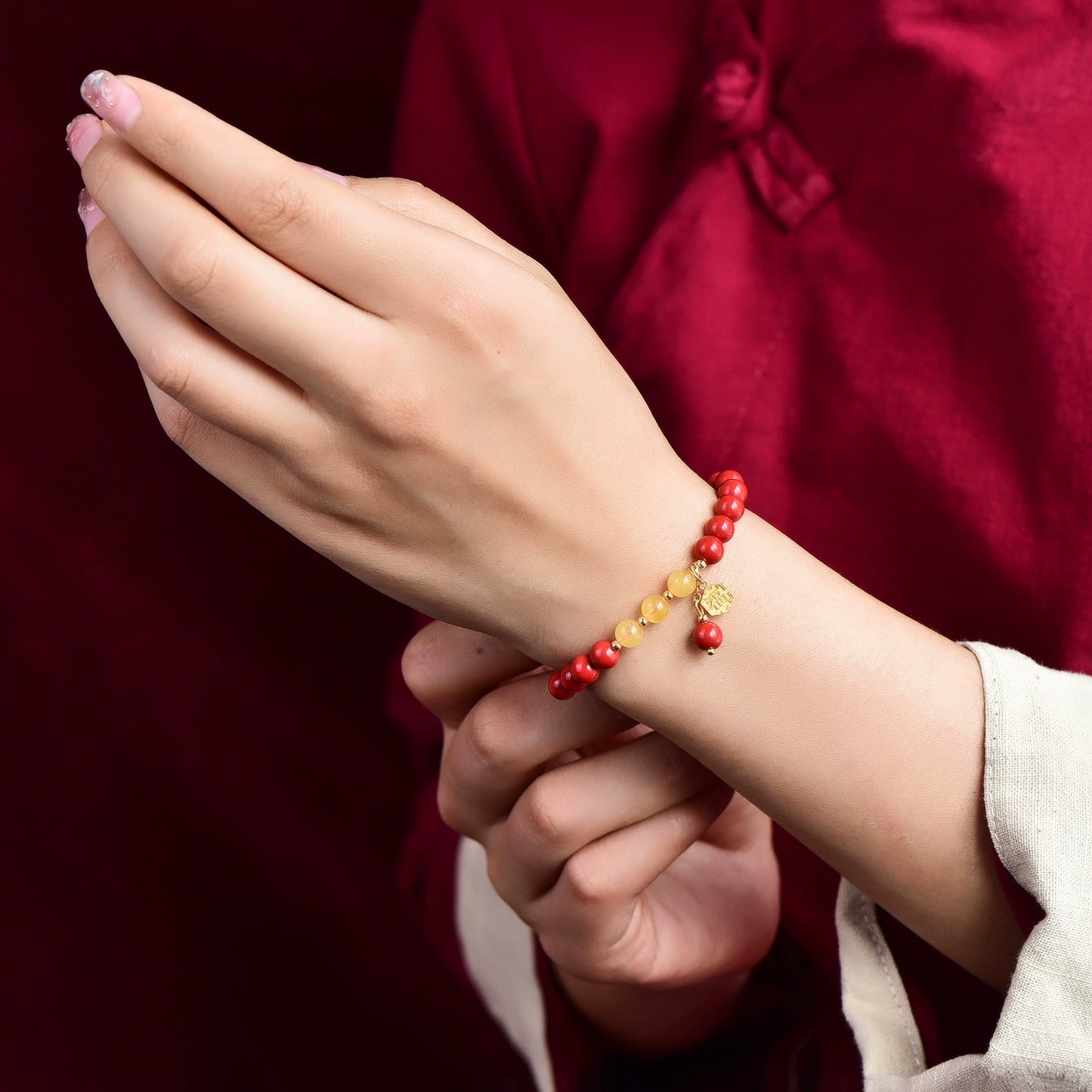Ethnic Style Copper-Plated Fortune Charm Cinnabar Bracelet for Women
