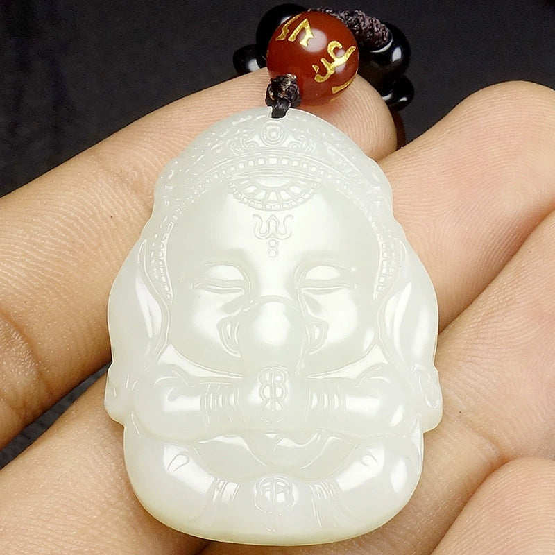 Natural Hetian White Jade Ganesha Pendant Necklace