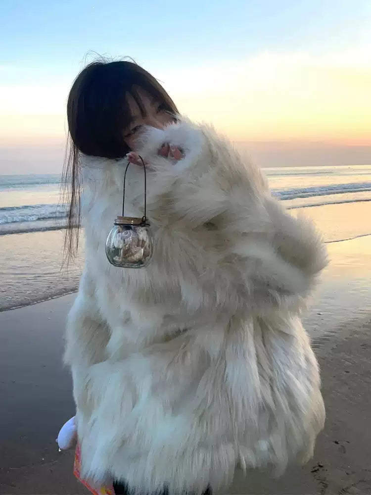 French White Pockets Leather And Fur Coats Winter