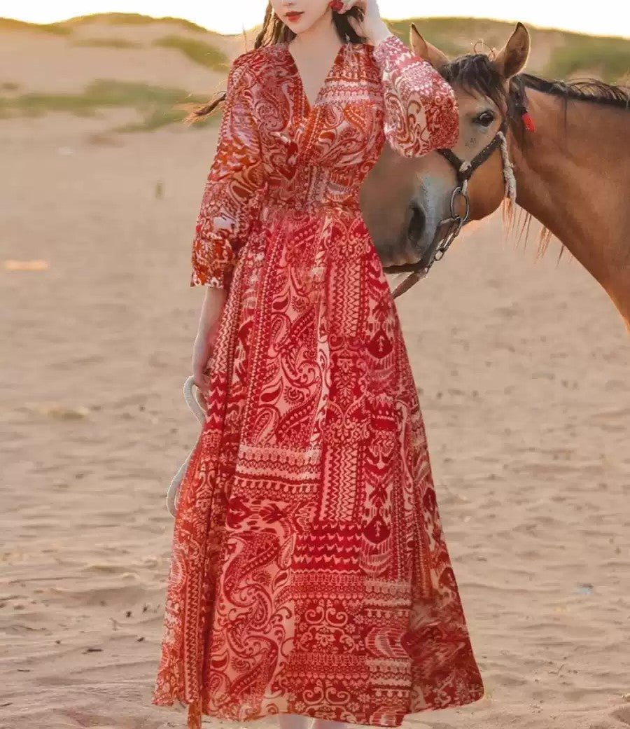 Bohemian Red Print Tie Waist Vacation Long Dresses Spring