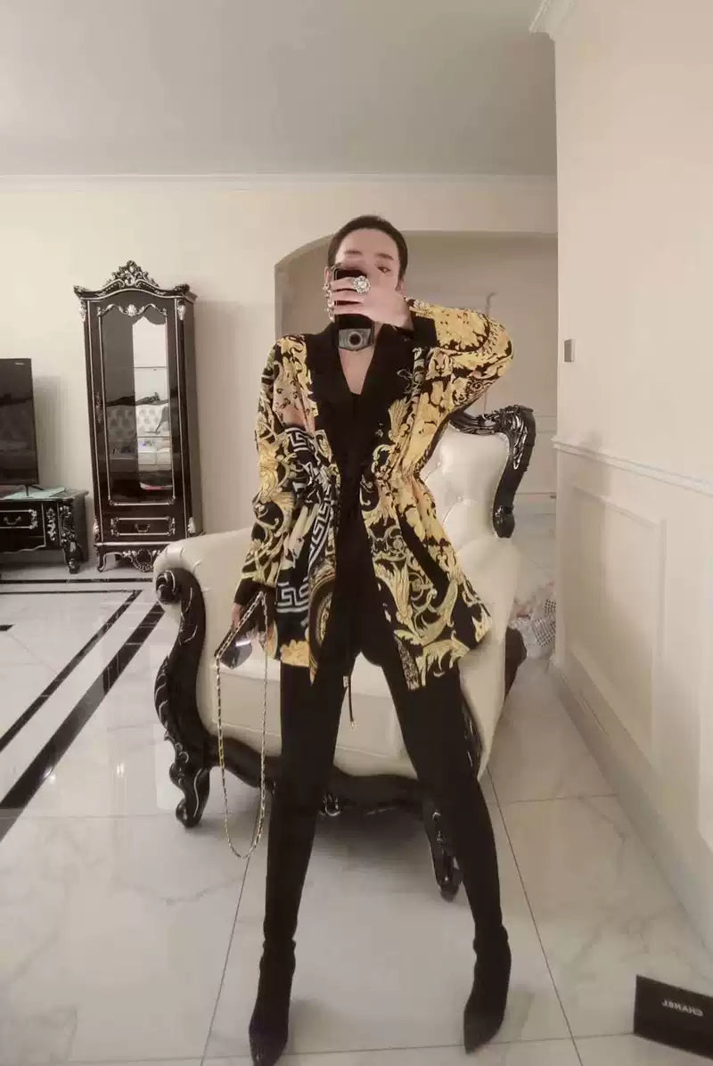 Fashion Printed Satin Coat Loose Fit Autumn Style