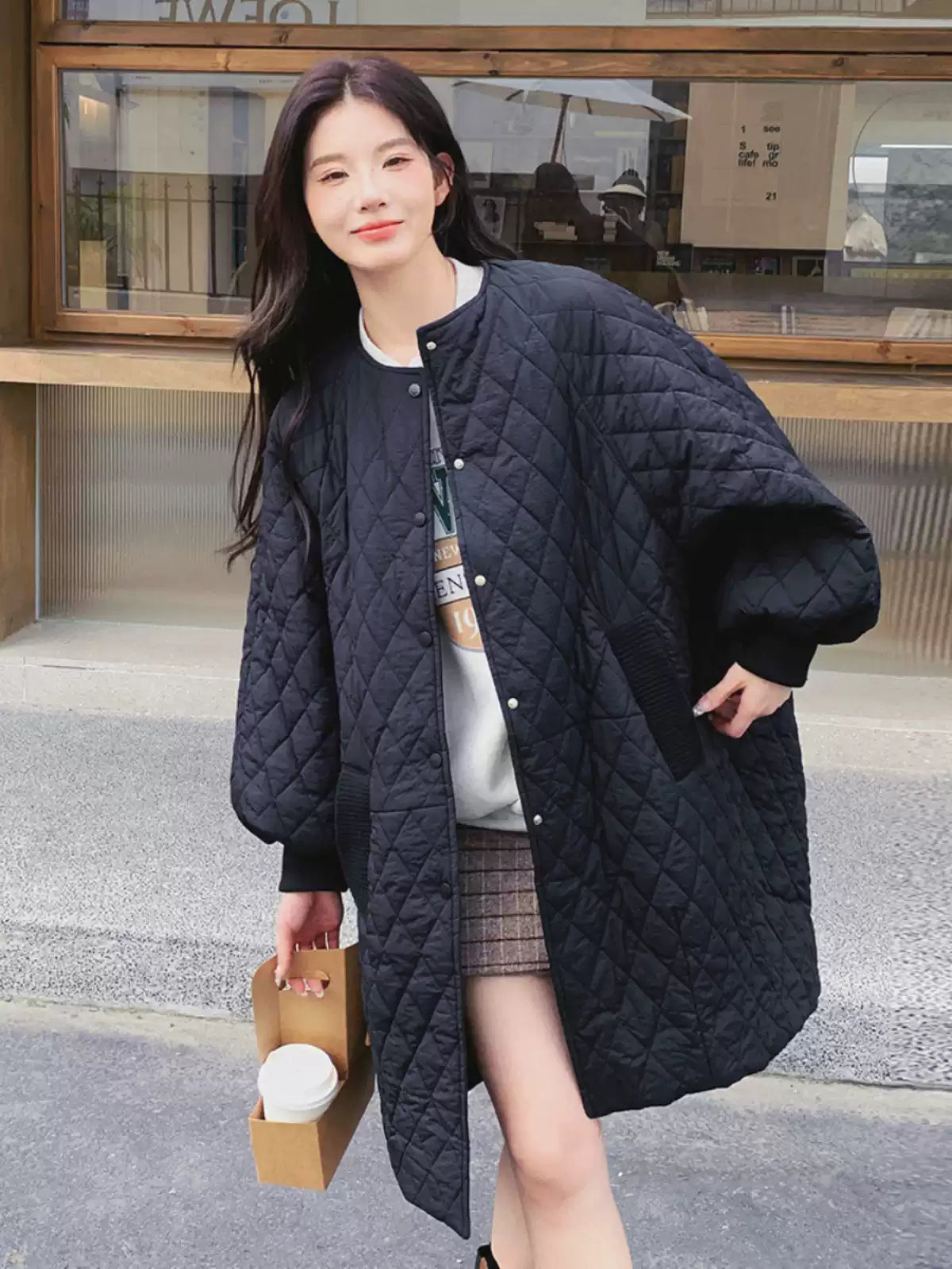 Loose Black O-Neck Plaid Patchwork Button Pockets Parka Winter