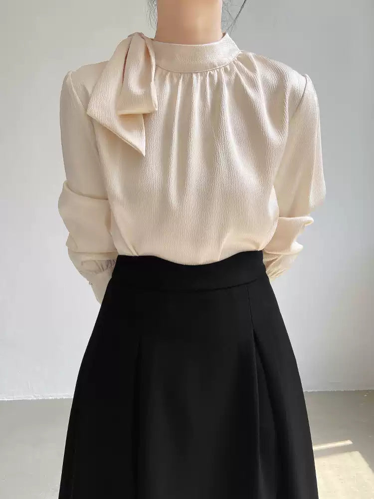 French Champagne Stand Collar Bow Silk Blouse Top Spring