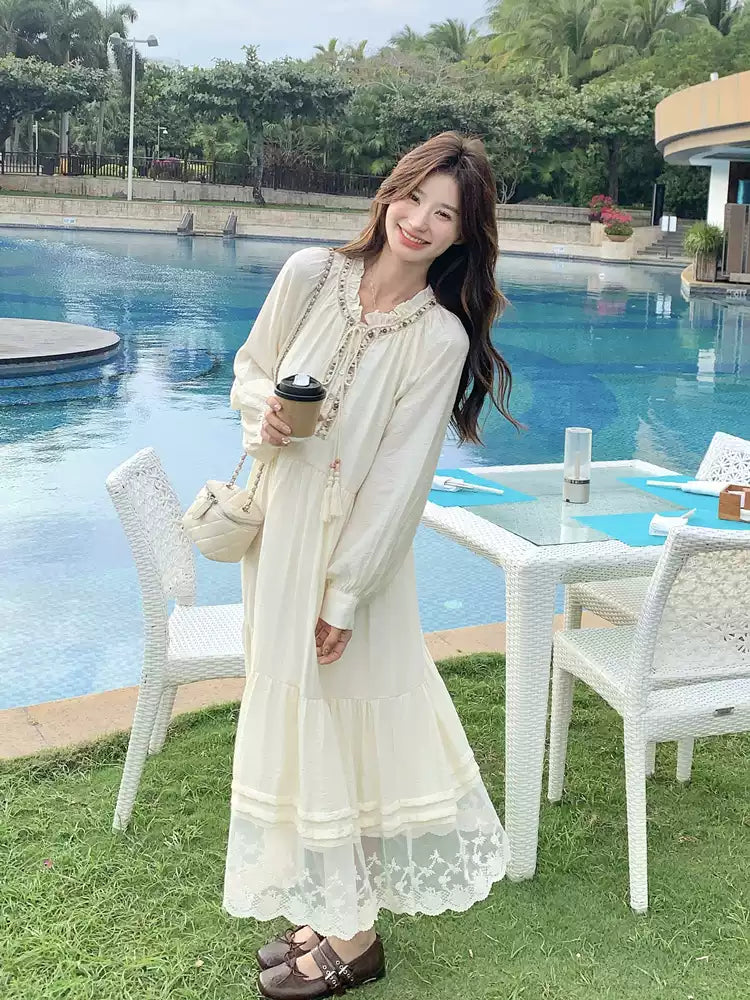 Bohemian Beige Lace Patchwork Cotton Long Dress Spring