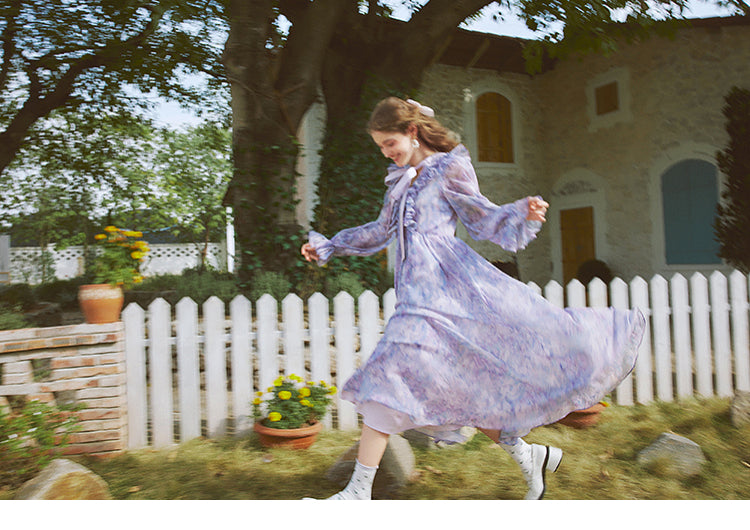 Unique Blue V Neck Ruffled Print Chiffon Long Dress Spring