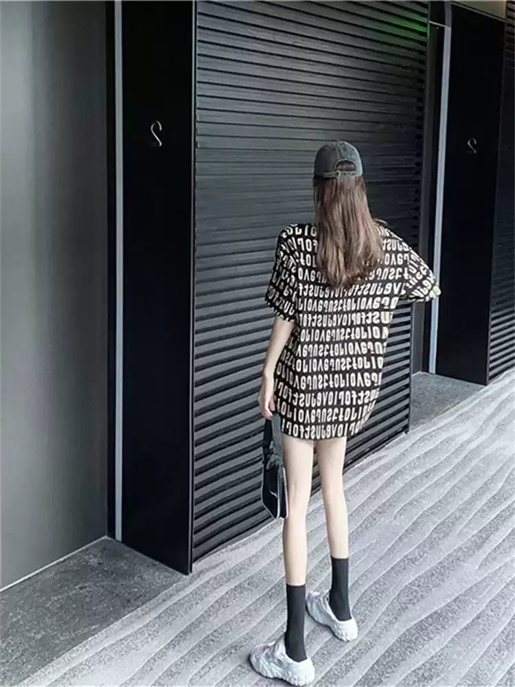 Fashion Black O-Neck Print Cotton Loose Top Summer
